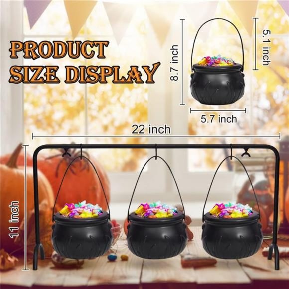 Halloween Candy Bowls, 3 Pcs Witches Cauldron Serving Bowl with Iron Rack, Black - Picture 3 of 7